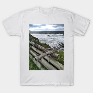 A stack of telegraph poles acting as a barrier, Kintyre, Scotland T-Shirt